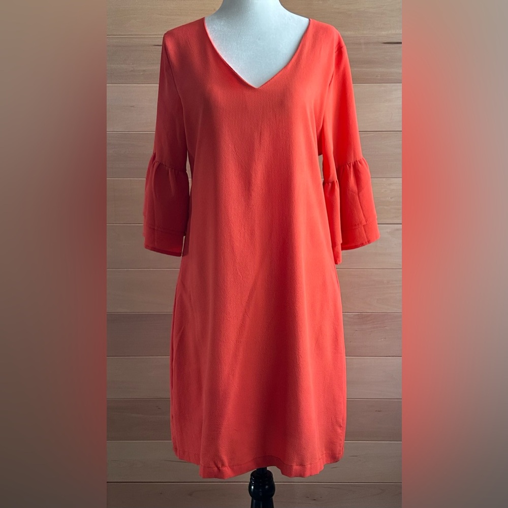 Belongsci Size medium Orange V-Neck dress 3/4 length tiered bell sleeves midi